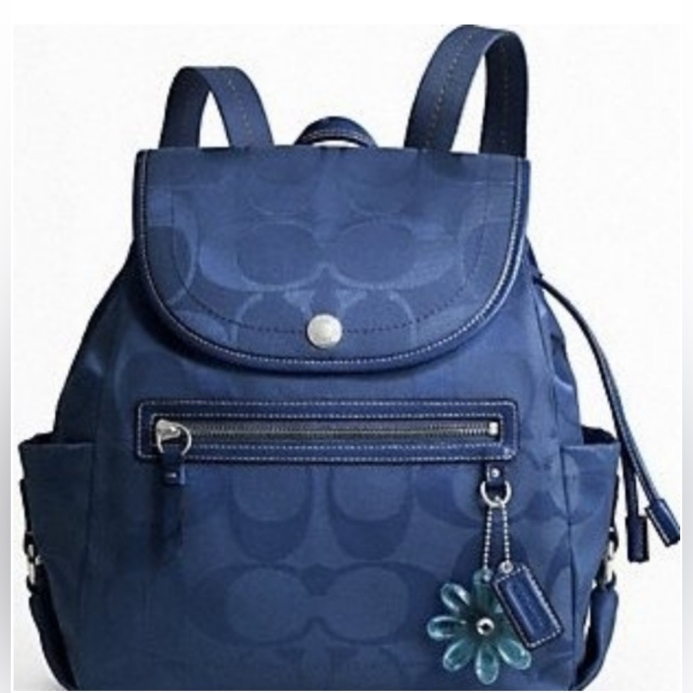 Coach Navy Blue Backpack with Floral Charm